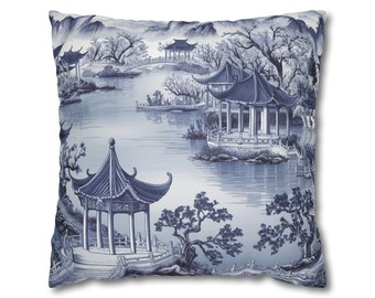 Housse de coussin chinoiserie | Scène naturelle | Coussin décoratif oriental | Oreiller décoratif | Décoration d'intérieur asiatique | Bleu et blanc Coussin