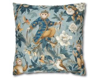 Housse d’oreiller chinoiserie | Bleu et vert | Oreiller de singe | Oreiller de scène de paysage | Oreillers orientaux | Couverture uniquement | Décor asiatique