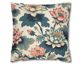 Housse de coussin chinoiserie | Coussin décoratif Lotus | Oreillers orientaux | Taie d'oreiller florale | Fleur Chinoiserie | Étui décoratif pour jeté de fleurs