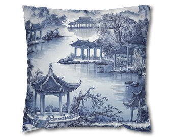 Chinoiserie sierkussenhoes | Natuurscène kussen | Oosterse kussens | Landschapskussen | Aziatisch woondecoratie | Blauw en wit sierkussen