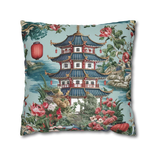 Chinoiserie Throw Pillow Cover | Pagoda Scenery Scene Pillow | Oriental Pillows | Asian Pagoda | Asian Style | Asian Decor | Chinese Pillow