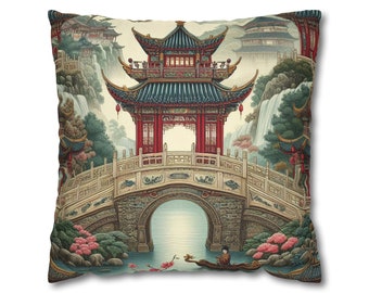 Chinoiserie Throw Pillow Cover | Pagoda Scenery Scene Pillow | Oriental Pillows | Asian Pagoda | Cover Only | Asian Decor | Bridge Pillow