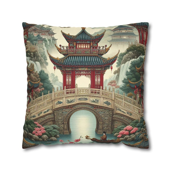 Chinoiserie Throw Pillow Cover | Pagoda Scenery Scene Pillow | Oriental Pillows | Asian Pagoda | Cover Only | Asian Decor | Bridge Pillow