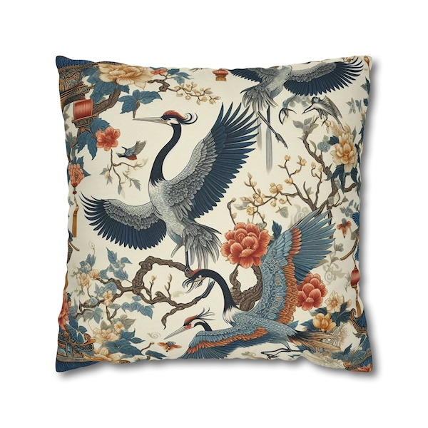 Chinoiserie Throw Pillow Cover | Crane Bird Pillow Case | Oriental Pillows | Asian Pagoda | Cover Only | Asian Home Decor | Accent Pillow