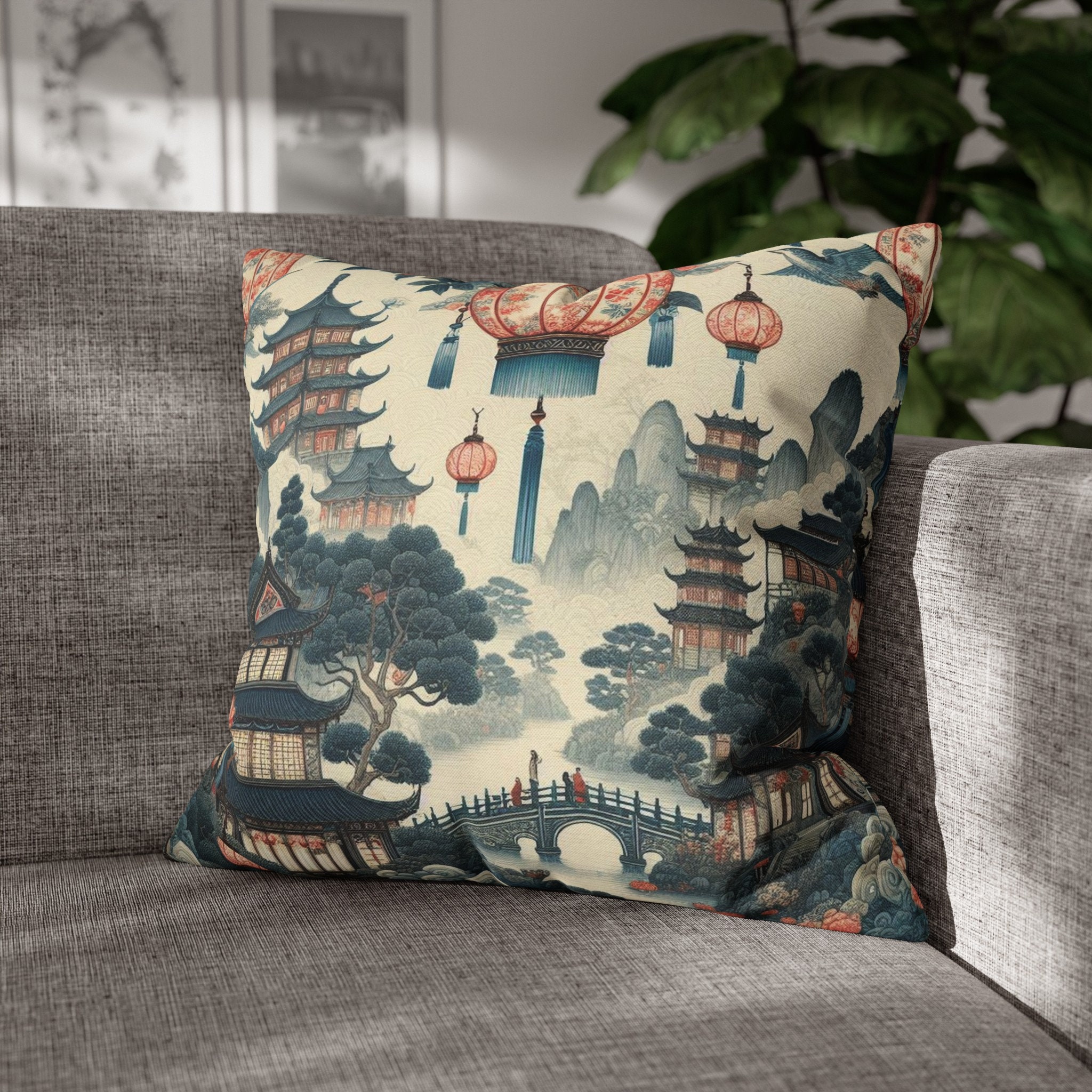 Chinoiserie Throw Pillow Cover Chinese Lantern Decor Oriental Pillows Nature Scenery Throw ...