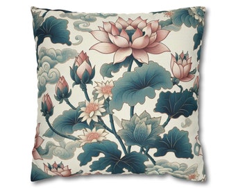 Housse de coussin chinoiserie | Coussin décoratif Lotus | Oreillers orientaux | Taie d'oreiller florale | Fleur Chinoiserie | Étui décoratif pour jeté de fleurs