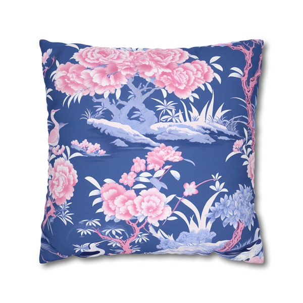 Chinoiserie Throw Pillow Cover | Chinoiserie Pillow Pink | Pink And Blue Case | Bird Scene Pillow Covers | Asian Decor | Oriental Home Decor