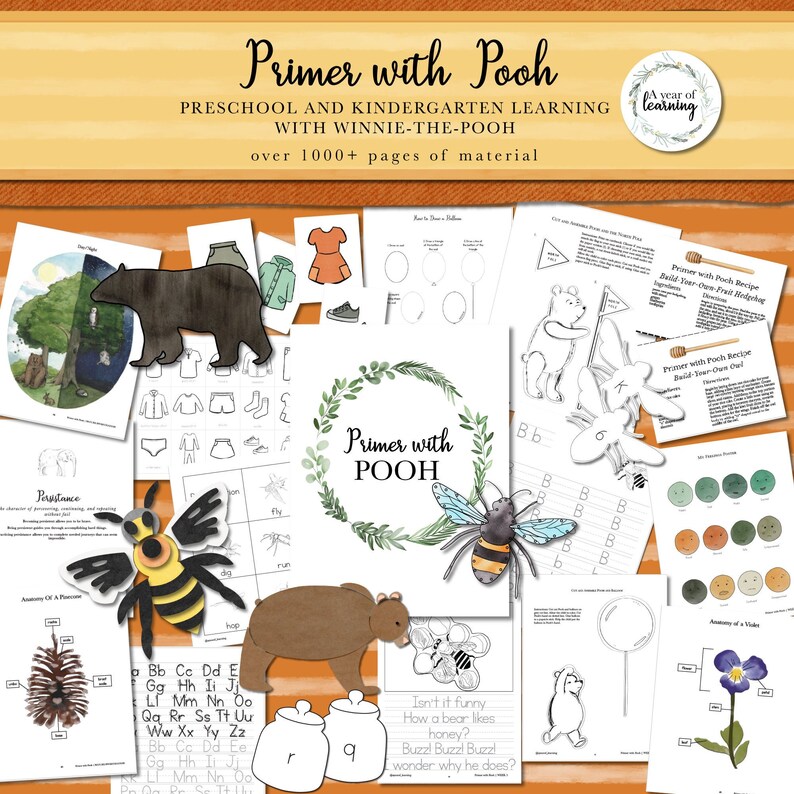 以下が含まれることがあります： 未就学児および幼稚園向けの学習教材のコレクションで、くまのプーさんを特集しています。画像には、クマ、ハチ、さまざまな学習活動のイラストが含まれており、「Primer with Pooh」というテキストが表示されています。
