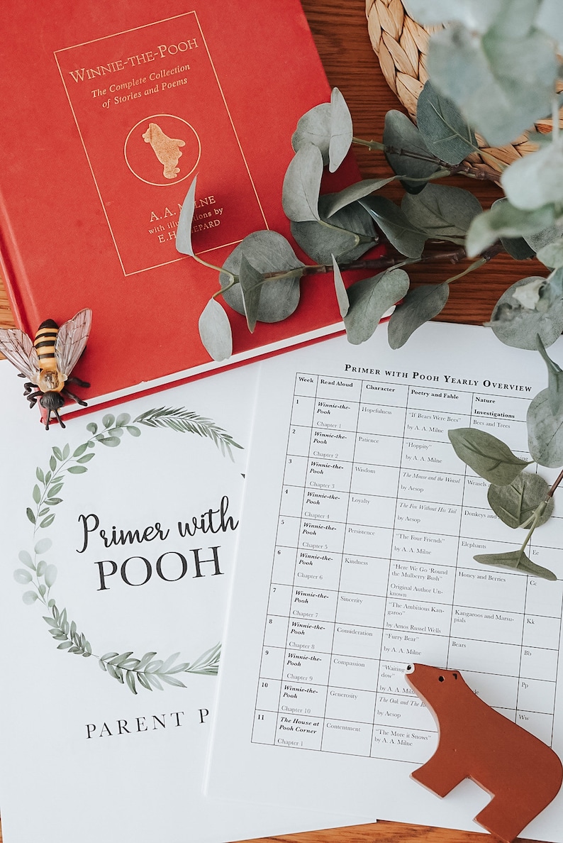 以下が含まれることがあります： 赤い「Winnie-the-Pooh」の本と「Primer with POOH」ガイドが、木製のクマとユーカリとともに表示されています。装飾的な蜂も存在します。子供向けの教育テーマです。サイズはcmです。