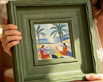 Original Artwork Beach Women Art Print in Green Wood Frame