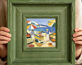 Mediterranean Coast Market Framed Wooden Wall Art Print