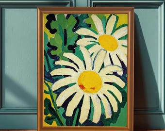Impressionist White Daisy Painting Print Wall Art with Wood Framed