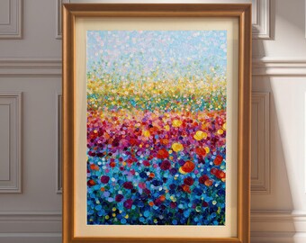 Impresión artística enmarcada en madera con un campo de flores de empasto abstracto