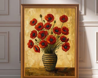 Red Flowers in Striped Vase Painting Print | Wood Framed Wood Wall Art Poster