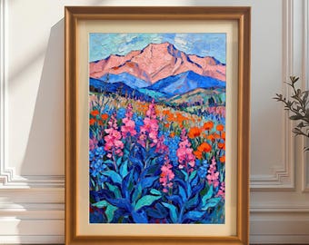Wood Framed Wildflower Mountain Landscape Painting Print Wall Decor