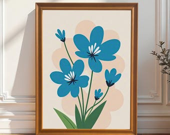 Whimsical Blue Flower Art Print | Wood Framed Minimalist Botanical Wall Decor