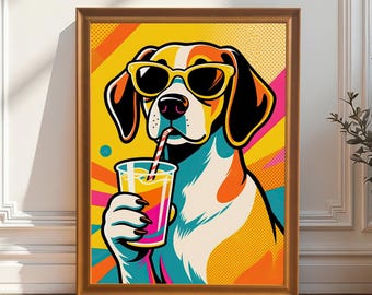 Beagle with Sunglasses Pop Art Dog Print, Wood Framed Funky Animal Poster
