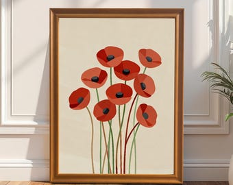 Abstract Minimalist Red Flower Print, Wood Framed Wall Art Decor