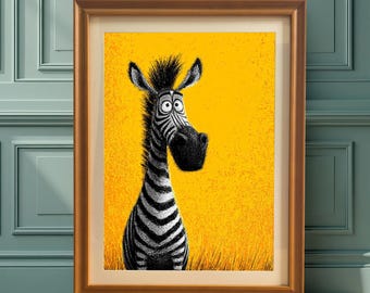 Cartoon Zebra Wood Framed Wall Art Giclée Print, Funny Animal Wall Decor Poster