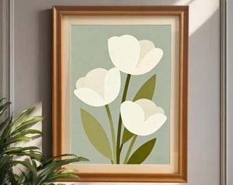 Abstract White Tulip Floral Print, Wood Framed Minimalist Flower Wall Poster
