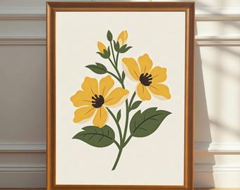 Minimalist Yellow Floral Illustration Art Print, Wood Framed Wall Hanging Decor