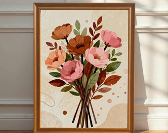 Warm Floral Bouquet Wood Framed Wall Art Print | Botanical Poster Home Decor