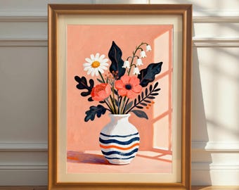 Mid-Century Floral Vase Art Painting Print, Wood Framed Still Life Wall Poster