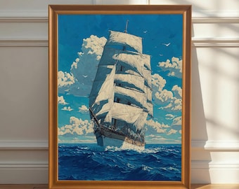 Ocean Seascape Nautical Sailing Ship Print Framed Wall Art Decor