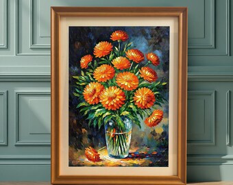 Ramo de flores de naranja en jarrón, pintura al óleo, impresión, arte de pared con marco de madera, decoración