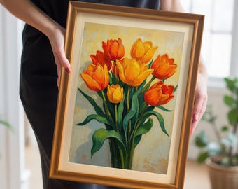 Orange Tulip Bouquet Textured Oil Painting Print with Wood Framed Wall Decor