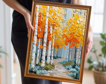 秋のアスペンの森の油絵アートプリント：木製フレーム、壁掛け装飾