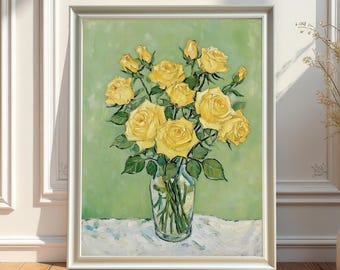 Yellow Rose Bouquet in Vase Painting Wall Art Print with Wood Frame