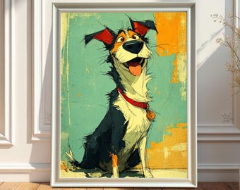Joyful Cartoon Dog Portrait Wood Framed Wall Art Print for Home Decor
