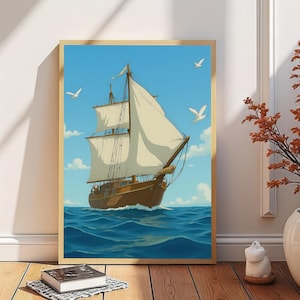 Classic Sailing Ship Art Print: Blue Ocean Seascape (Digital Download)