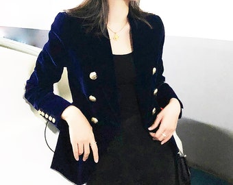 navy blue velvet jacket womens