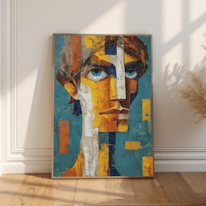 Abstract Portrait Digital Download, Modern Face Wall Art, Contemporary Blue and Yellow Art Print, Minimalist People Art for Home Decor