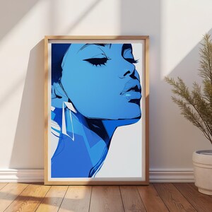 Blue Fashion Woman Face Art Print Digital Download, Female Geometric Abstract Graphic Illustration Printable Art, Contemporary Wall Art