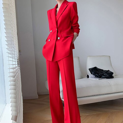 red formal pant suit