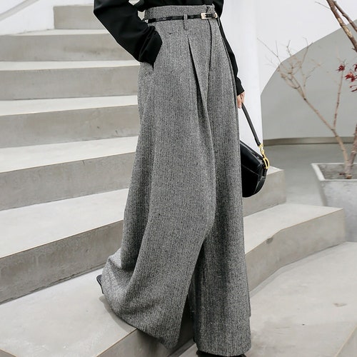Women Gray Woolen Wide-leg Pantspants Skirthigh Waist Drape - Etsy