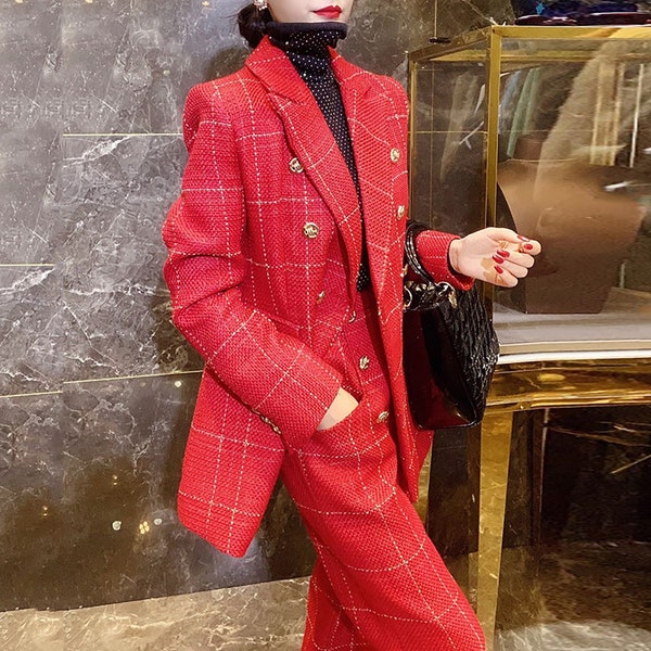 red pants and blazer