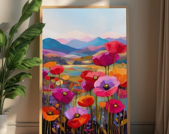 Poppy Field Landscape Art Print: Impressionist Floral Mountain Scene (Digital Download