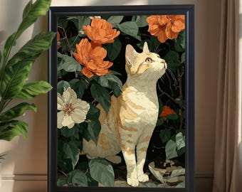 Cat in Garden Art Print: Framed Wood Wall Decor