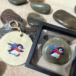 Cadeau en pierre de super-héros pingouin - Art rupestre naturel unique pour anniversaire, amitié et amour | Carte à message, boîte cadeau souvenir pour lui/elle