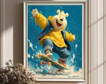 Wood Framed Skateboarding Polar Bear Art Print