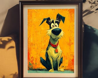 Cartoon Dog Painting Print, Wood Framed Pet Portrait Wall Decor Poster