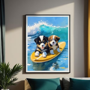 Adorable Surfing Puppies Art Printable | Cute Dog Wall Decor | Ocean Waves & Surfboard Illustration | Instant Download Digital Art
