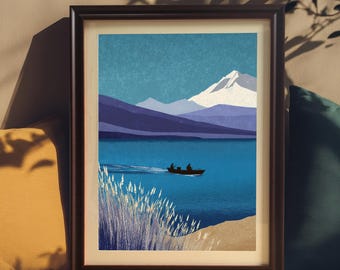 Mountain Lake Landscape Wall Art - Blue Nature Scene - Wood Framed Giclee Print - Minimalist Decor