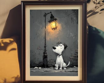 Lonely Cartoon Dog in the Street Art Print, Framed Wood Wall Art Poster