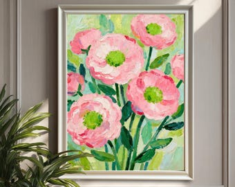 Impressionist Pink Peony Oil Painting Print | Wood Framed Wall Art Poster