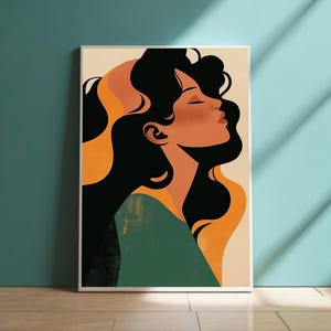 Ausdrucksstarke Frau Porträt Kunst druckbare, abstrakte Figur Illustration, digitaler Download, ruhige fließende Haar Wand-Dekor, moderne Kunst-Druck
